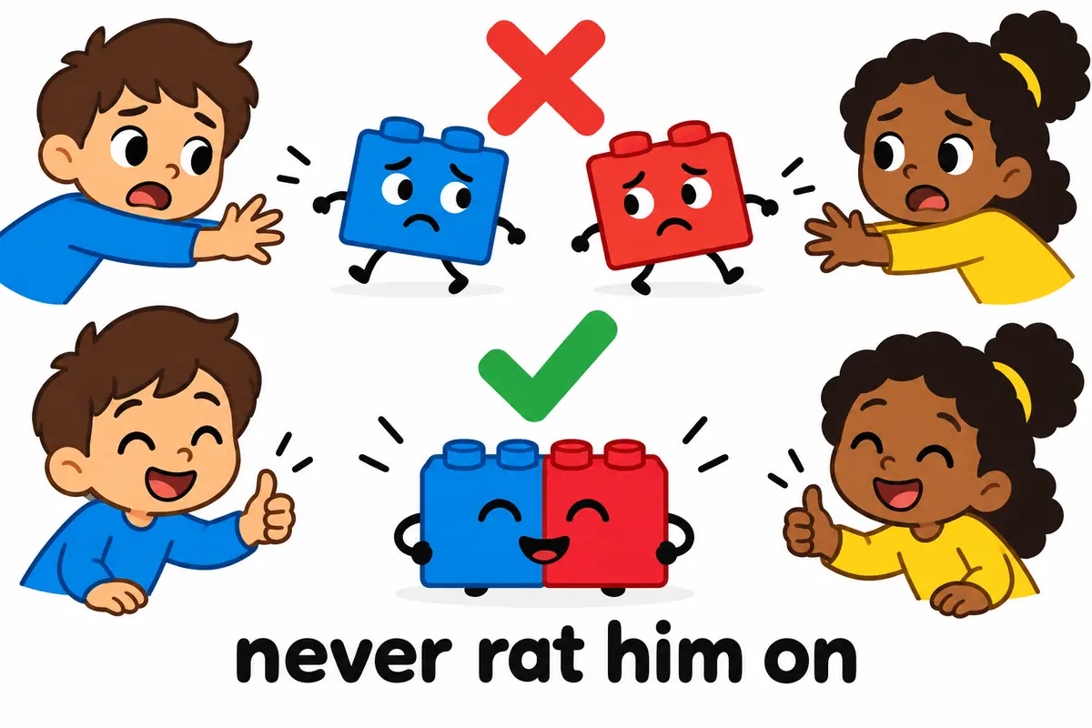 A cartoon hand crosses out a split phrase while the joined phrase stays whole, showing the common rat on mistake.