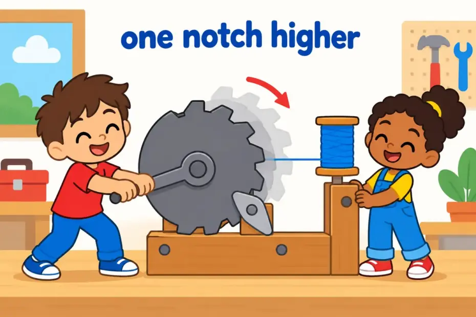 Cartoon children turn a wheel one notch at a time, showing ratchet up in a sentence as a stepped, lasting increase.