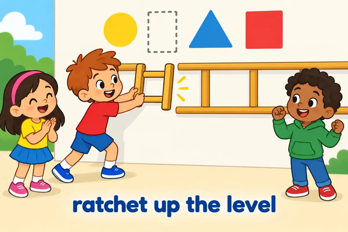 A cartoon child slots a ladder rung into the phrase ratchet up, showing where a noun object can sit.