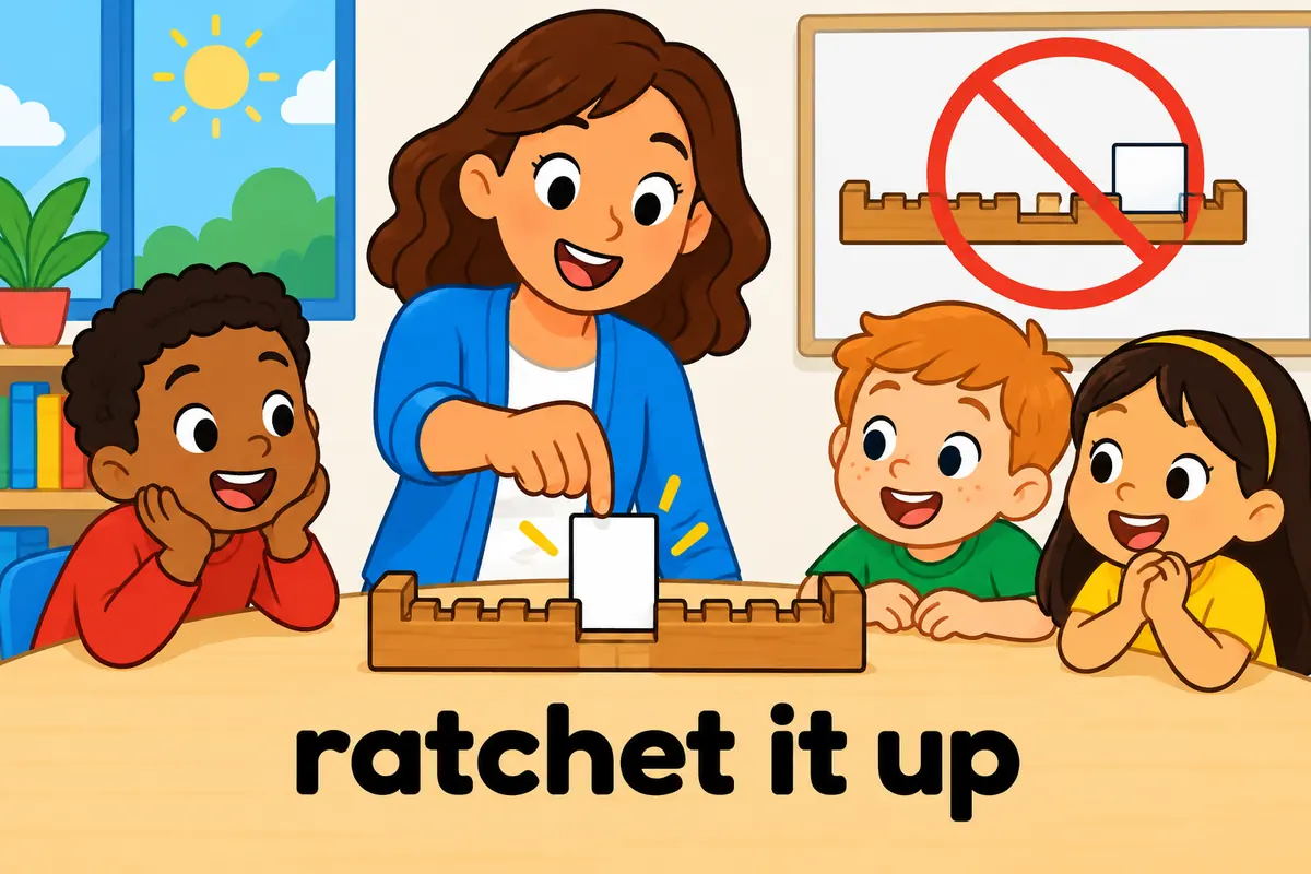A cartoon tutor drops a small pronoun card into the gap between ratchet and up, the only correct slot.