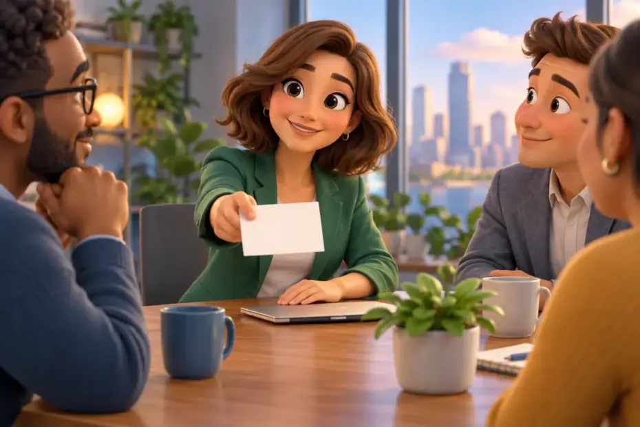 A person presents a blank note card across a meeting table.