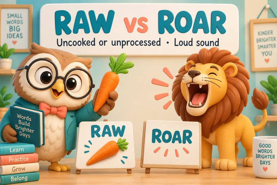 Raw means uncooked or unprocessed; roar means a loud sound