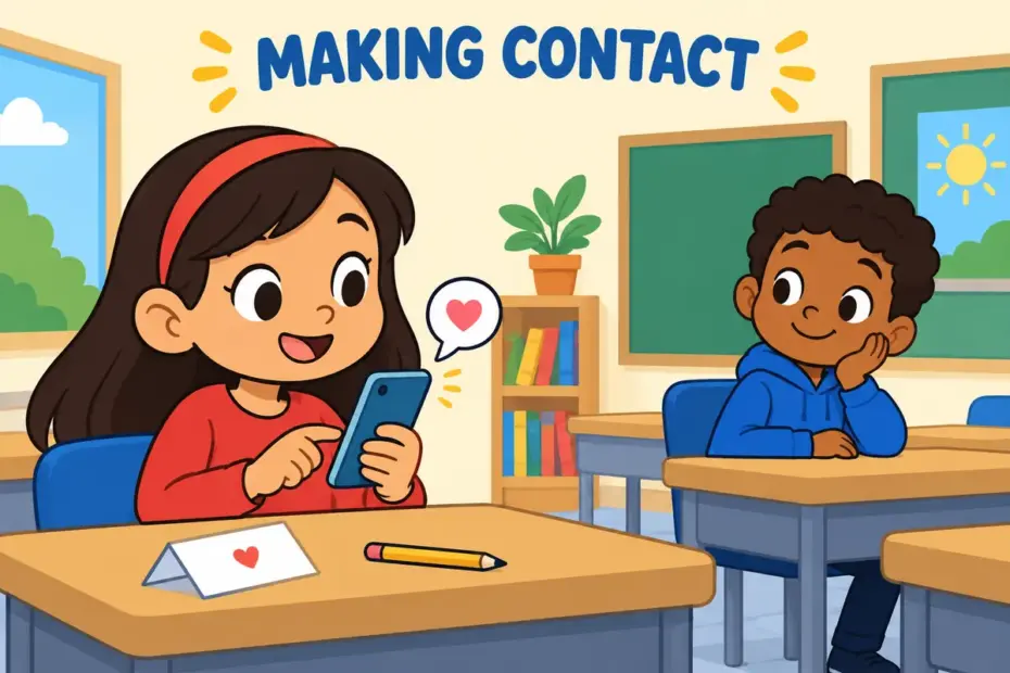 Cartoon child typing a friendly message on a phone, showing reach out in a sentence as making deliberate contact.