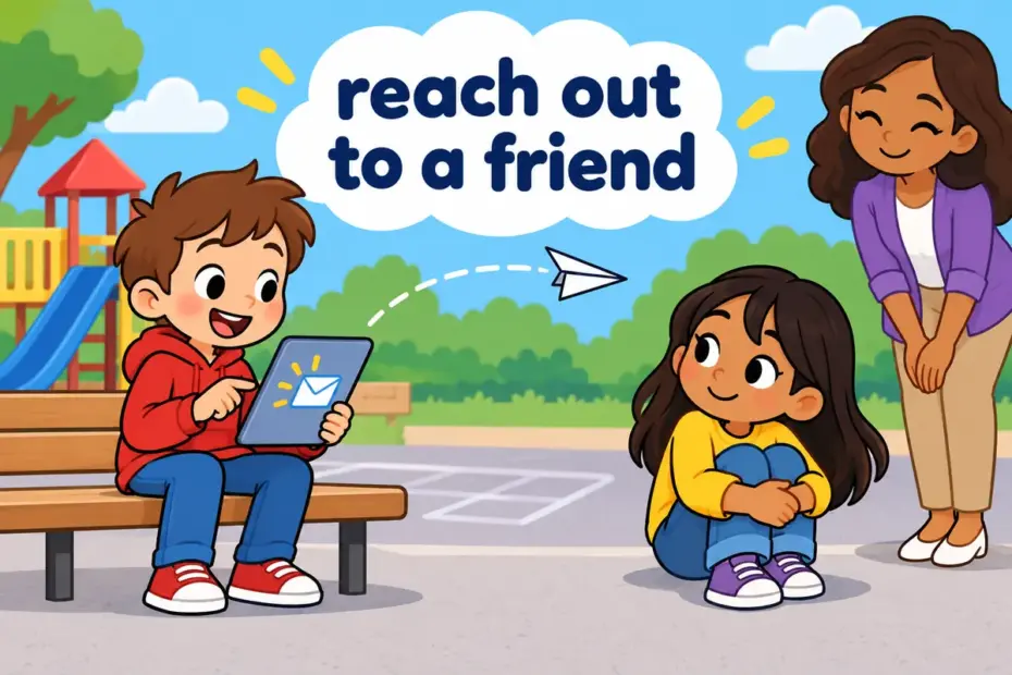 Cartoon children send a message to a lonely classmate, showing reach out to in a sentence as making friendly contact.