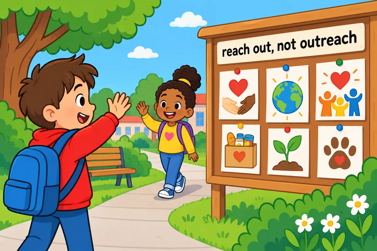 One unified cartoon scene illustrates Keep the two-word phrase for a single act of contact and the single word for an organised effort.