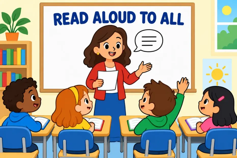 Cartoon teacher reads out a list while classmates listen, showing read out in a sentence as reading written words aloud to others.