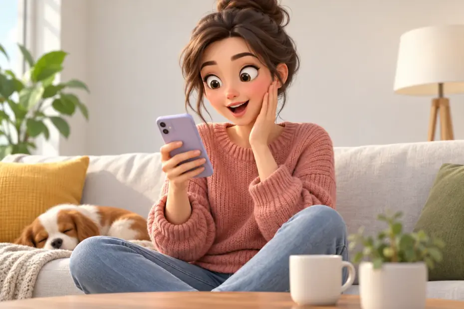 A young woman reacts with surprise while looking at her phone.