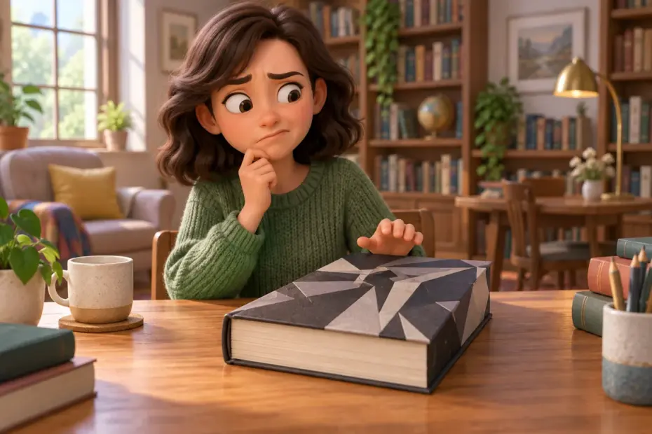 A reader hesitates before opening a thick, plain book with an angular cover in a quiet study.