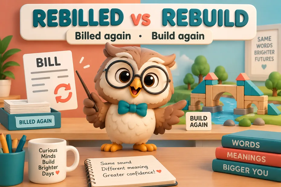 Rebilled means billed again; rebuild means build again or restore