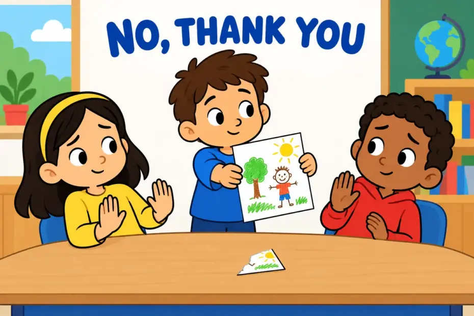 Cartoon pupils turn away a classmate holding up a shared drawing, showing rebuff in a sentence as a blunt refusal of an offer.