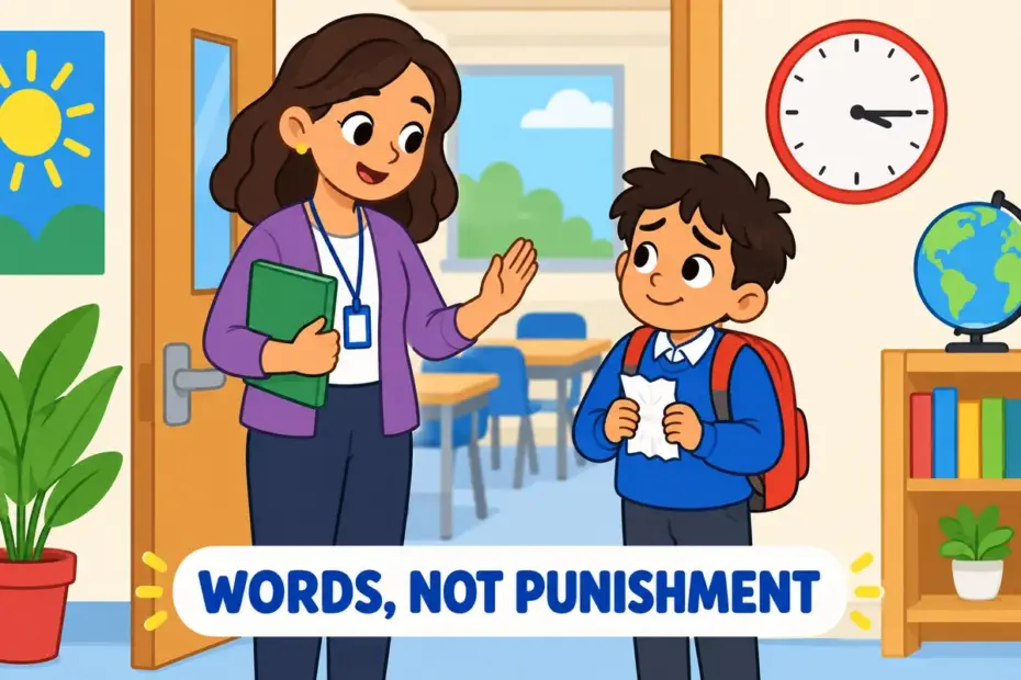 A cartoon teacher speaks firmly to a pupil who arrived late, showing rebuke in a sentence as a spoken correction.