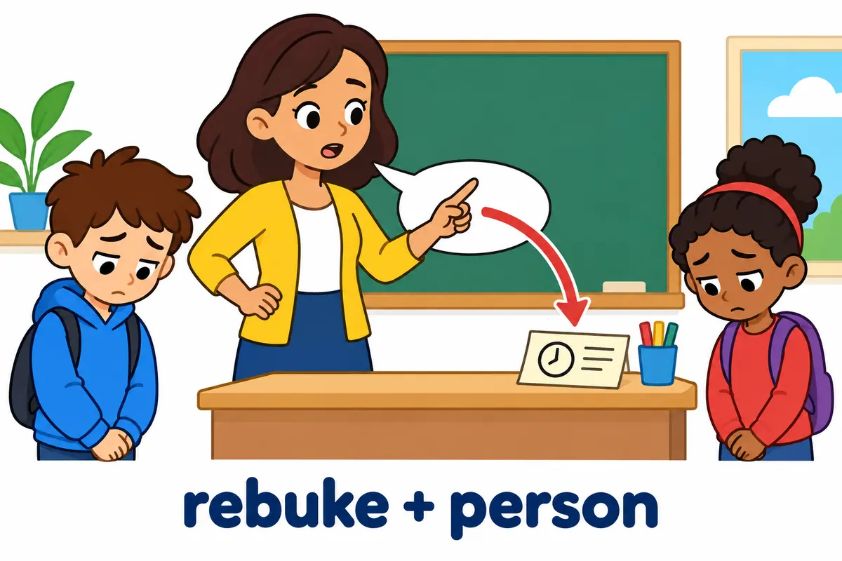 Cartoon pupils stand with heads bowed as a teacher speaks firmly and points at a late slip, illustrating rebuke for a fault.