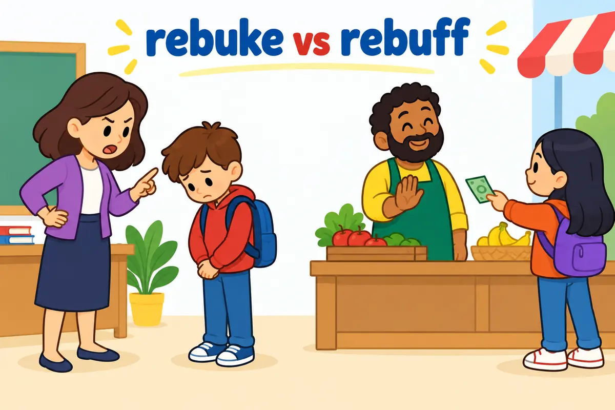 A split cartoon contrasts a teacher correcting a pupil with a shopkeeper politely refusing an offer.