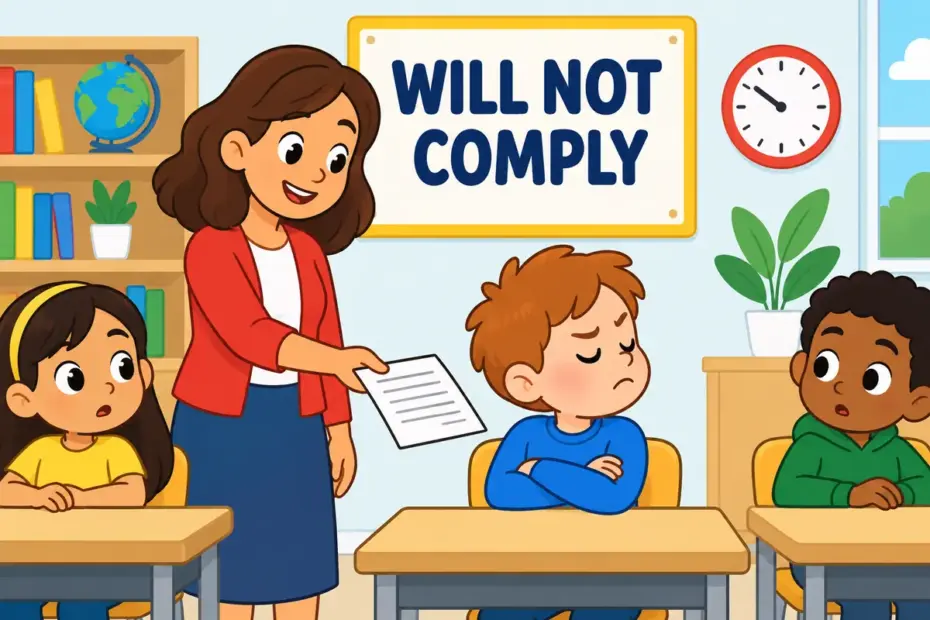 Cartoon children in class look on as a recalcitrant pupil in a sentence scene folds their arms and refuses the task.
