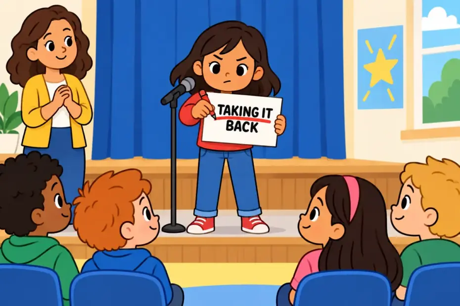 A cartoon child crosses out a speech card at a classroom microphone, showing recant in a sentence as a public withdrawal.