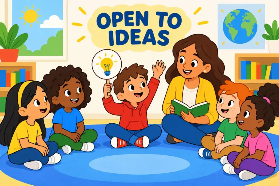 Cartoon pupils sit in a listening circle while a teacher nods at a child raising a new idea, showing receptive in a sentence as openness.