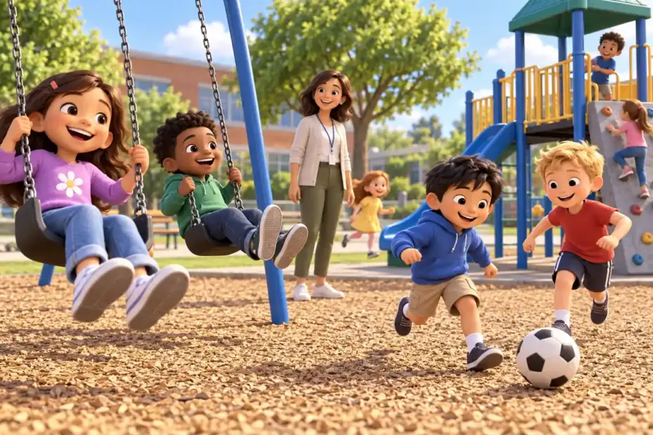 Children enjoy supervised outdoor play during a school recess period.
