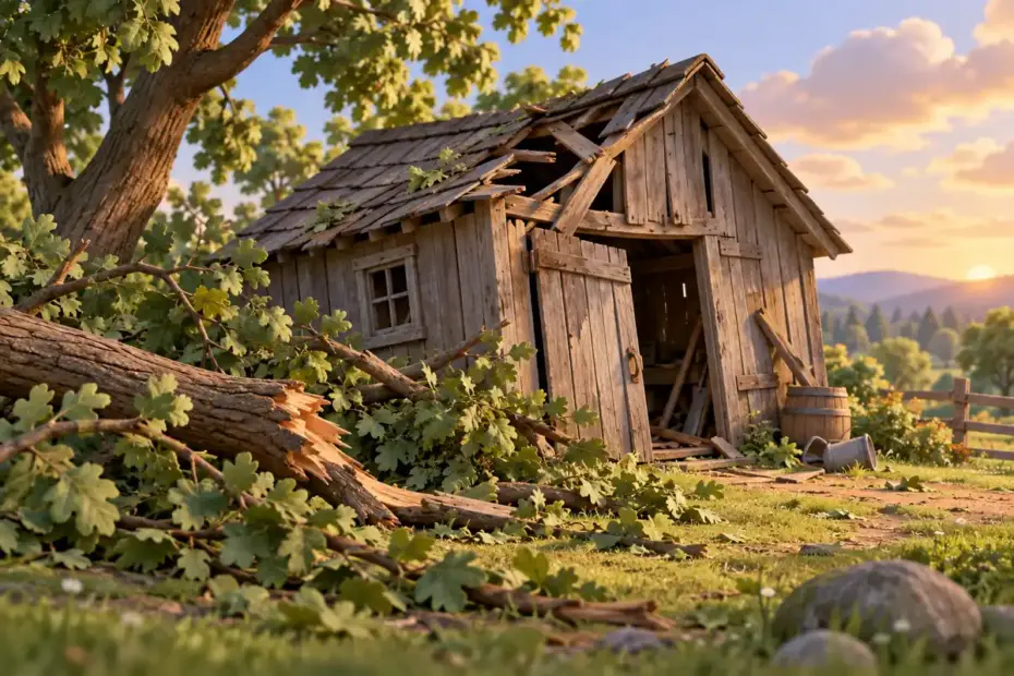 An old shed stands damaged beside fallen branches.