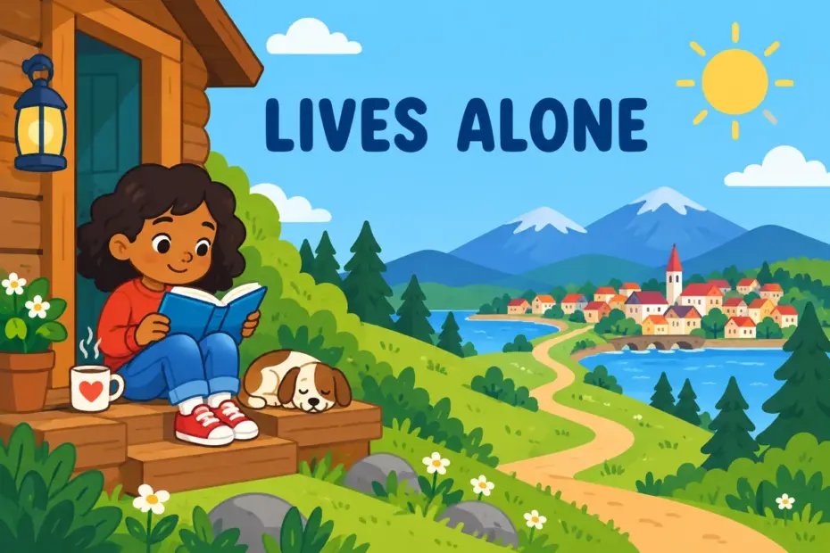 Cartoon child happily reads alone in a hillside cabin, showing recluse in a sentence as a person who avoids company.