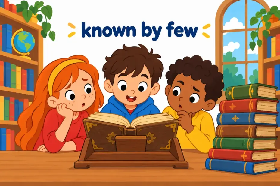 Cartoon children open a dusty book as one pupil reads aloud and the others look puzzled, illustrating recondite in a sentence.