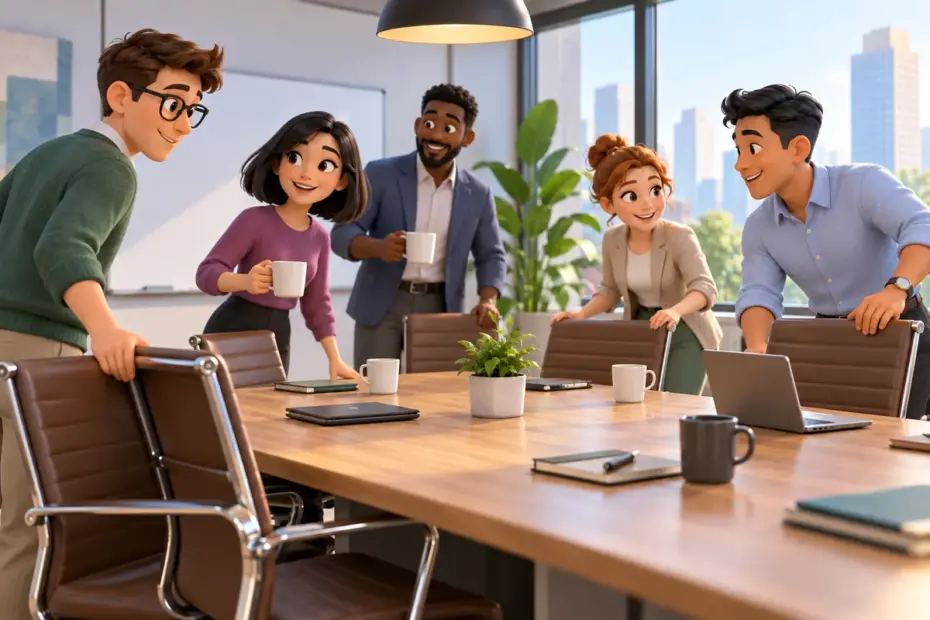 A meeting group returns to a conference table after a break and prepares to continue the discussion.