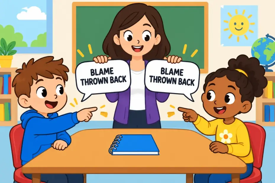 Cartoon children point at each other across a table, showing recrimination in a sentence as an accusation returned.