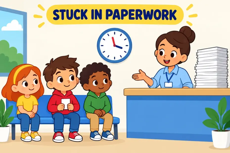 Cartoon child waits on a bench beside a tall stack of blank forms, showing red tape in a sentence as paperwork that delays.