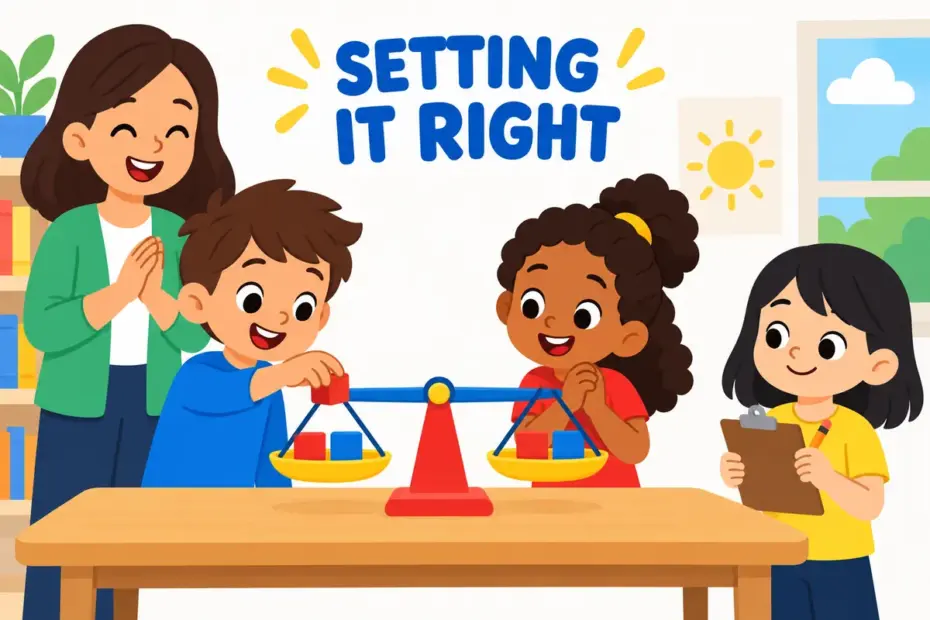 Cartoon children level a pair of balanced scales in a classroom, showing redress in a sentence as setting a wrong right.