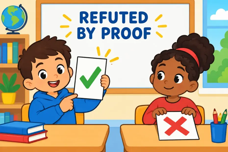 A cartoon child holds a correction sheet that overturns a classmate's sign, showing refute in a sentence as disproof rather than denial.
