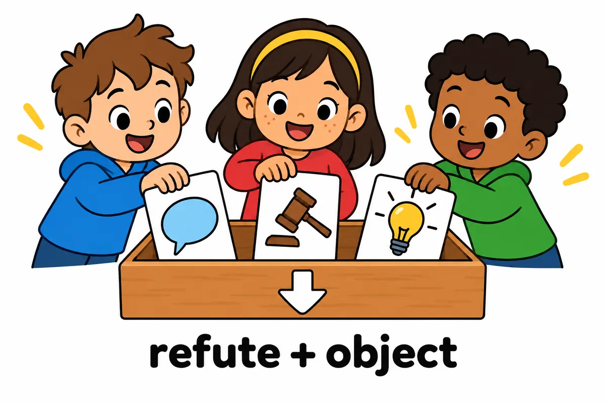 Cartoon children slot three picture cards, a claim, a charge and a theory, into a single tray beside the word refute.