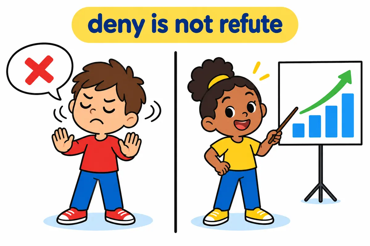 A cartoon split scene shows a child denying a rumour with a speech bubble while another child proves it false with a chart.
