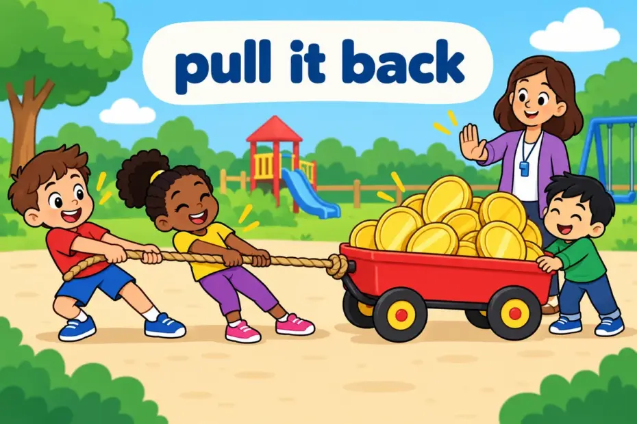 Cartoon children pull a large rope back from a runaway cart, illustrating rein in in a sentence as bringing something under control.