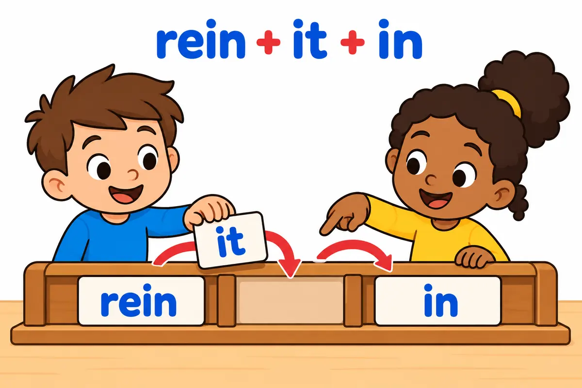 Cartoon children show a gloved hand, a small package and an arrow arranged to show the separable parts of the phrasal verb rein in.