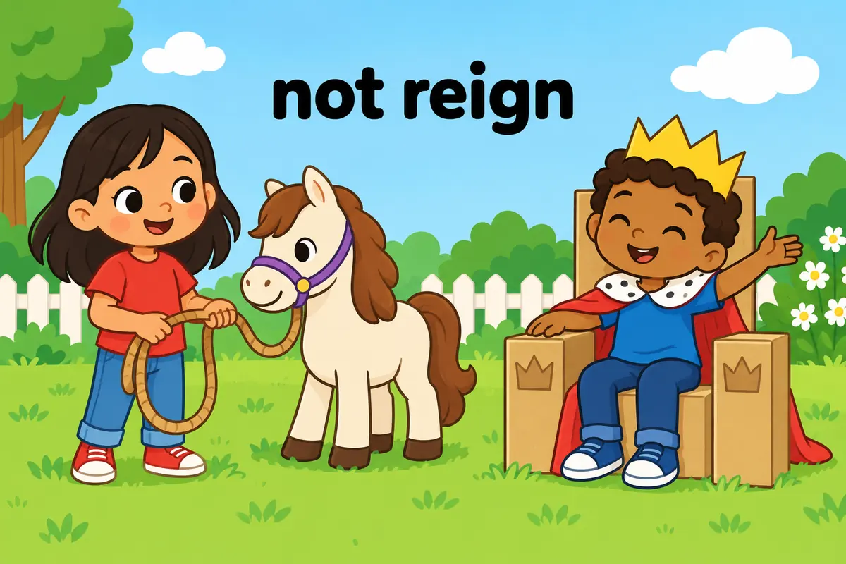 A cartoon single scene contrasts a child holding a horse's rein with a child on a toy throne, showing that rein in is not the same as reign.