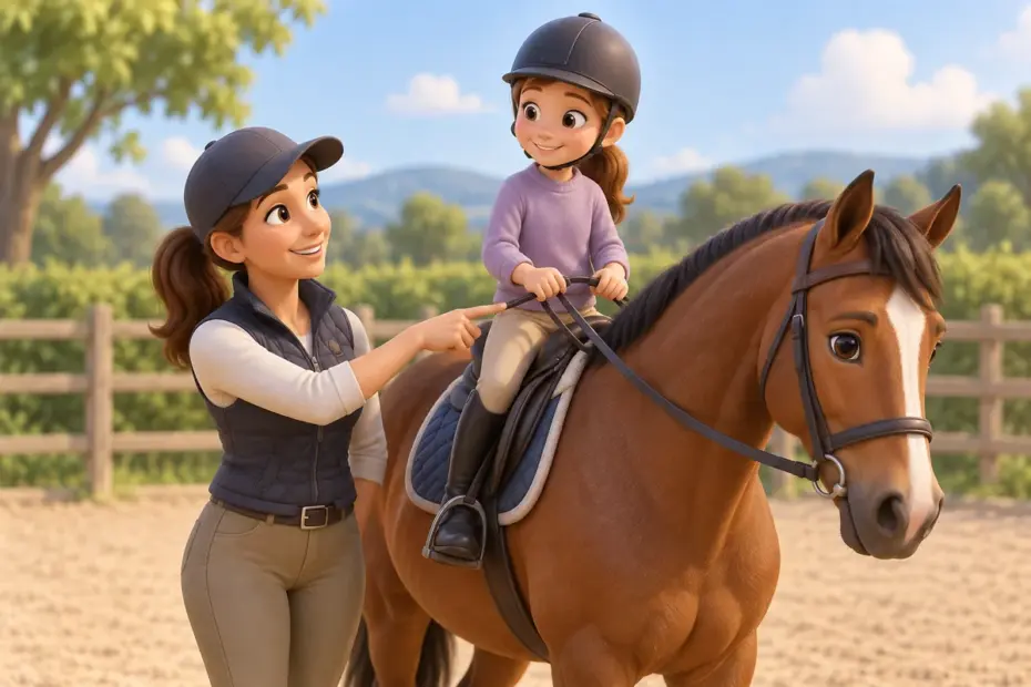An instructor identifies the reins on a calm horse.