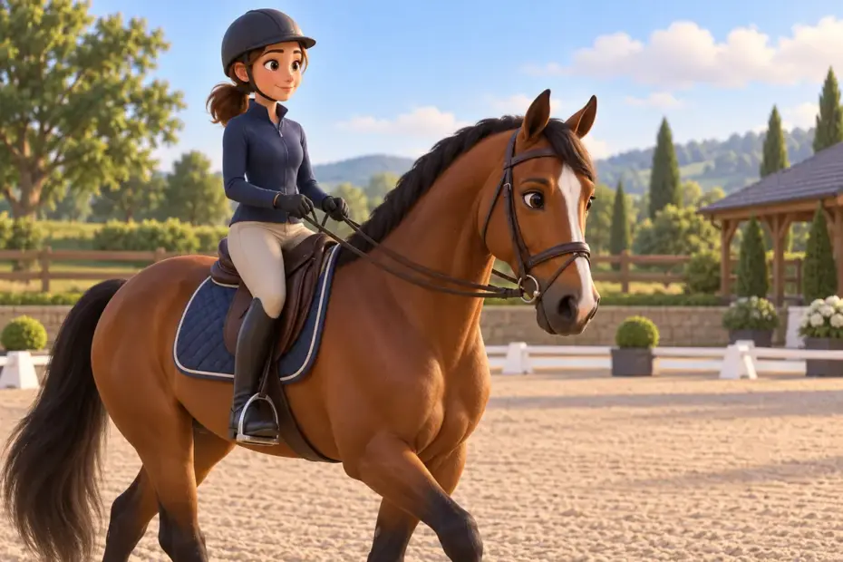 A rider holds two reins while sitting calmly on a horse in a training arena.