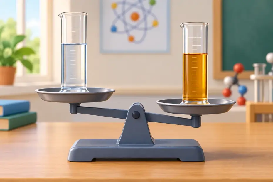 Two identical cylinders contain equal volumes of clear water and amber liquid on a balance, with the amber side lower.