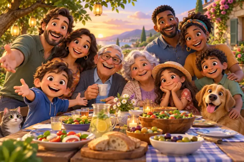 Family members of different ages gather around a picnic table.