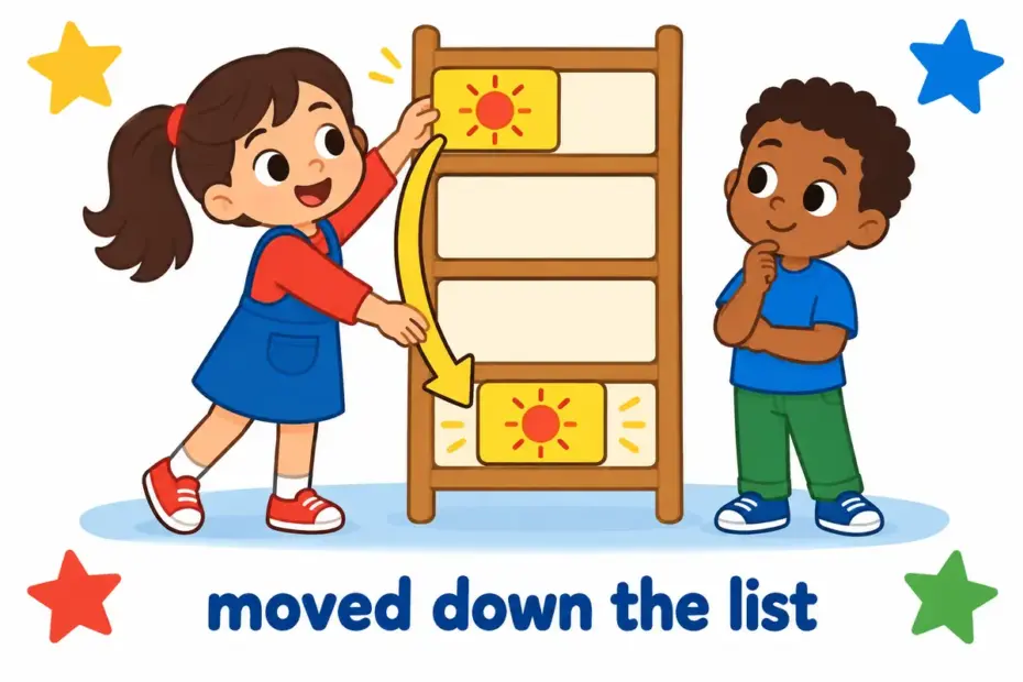 Cartoon pupils slide a picture card from the top of a chart to the bottom row, illustrating relegate in a sentence as a drop in importance.