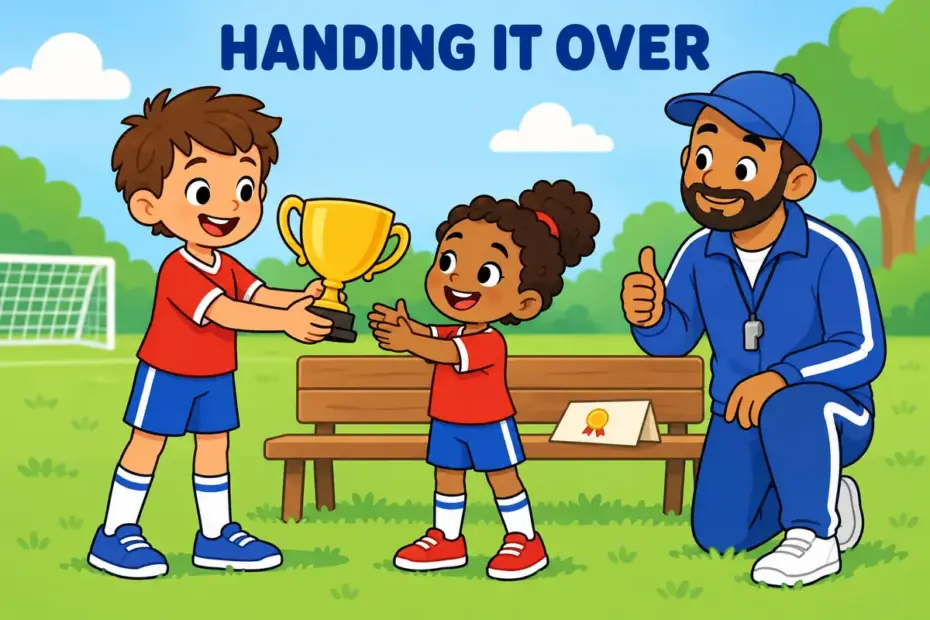 Cartoon child passes a golden trophy to a teammate, showing relinquish in a sentence as a deliberate handover.