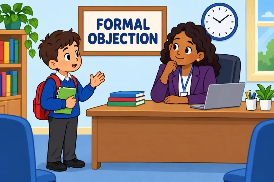 A cartoon pupil raises a hand to remonstrate politely with a head teacher about a school rule.