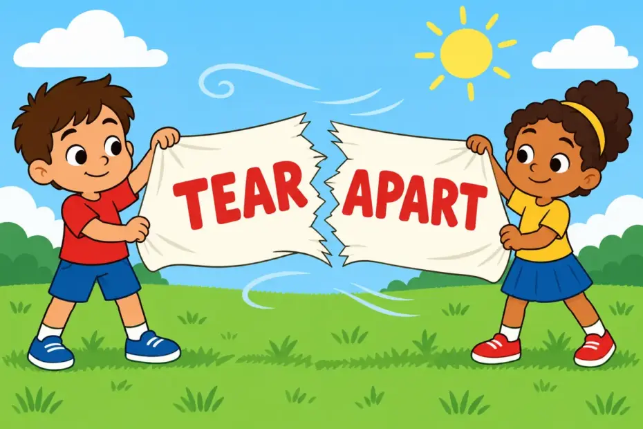 Cartoon children hold a cloth banner torn in two by the wind, showing rend as violent tearing.
