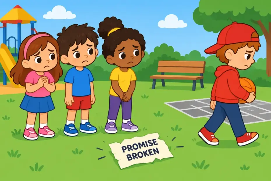 Children look disappointed as a classmate walks away from a torn promise card, showing renege in a sentence as going back on your word.