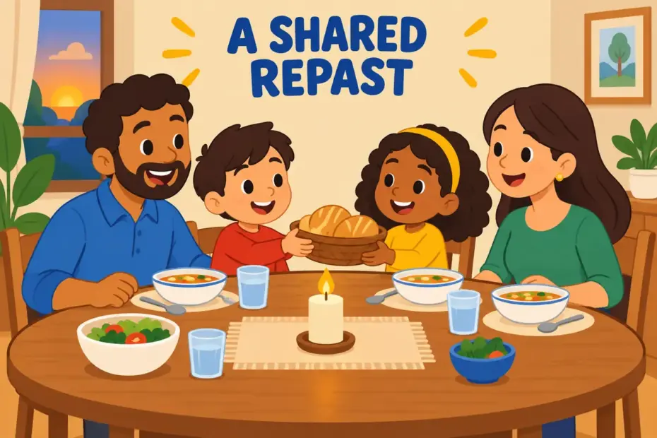 Cartoon family sits around a candlelit table sharing a meal, showing repast in a sentence as an unhurried occasion.