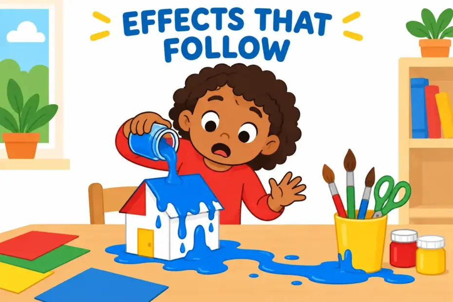 A deliberate choice creates later problems, illustrating repercussion in a sentence as an unwelcome effect that follows.