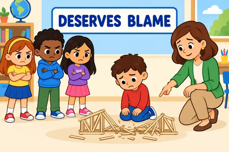 Cartoon children look stern as one child knocks over a classmate's model, illustrating reprehensible in a sentence.