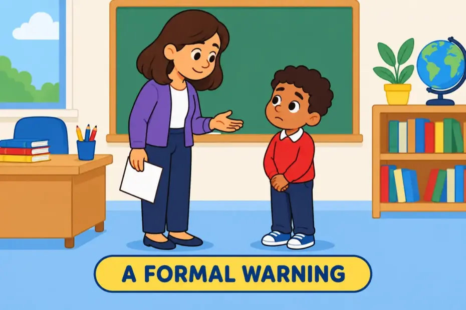 A teacher gives a calm correction after a mistake, illustrating reprimand in a sentence as a formal expression of disapproval.
