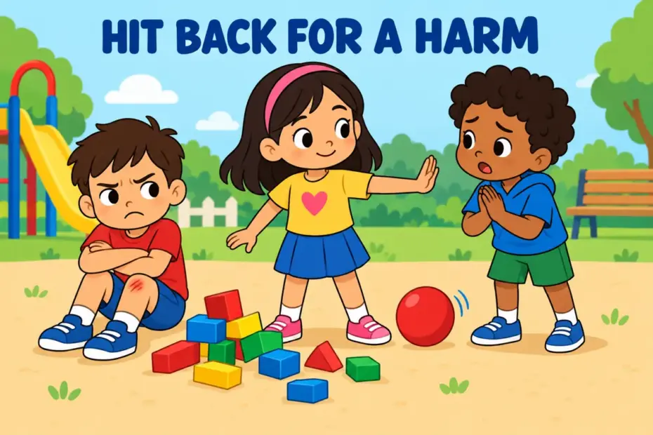 Cartoon pupils show a child answering an upsetting act by taking a teammate aside, showing reprisal in a sentence.