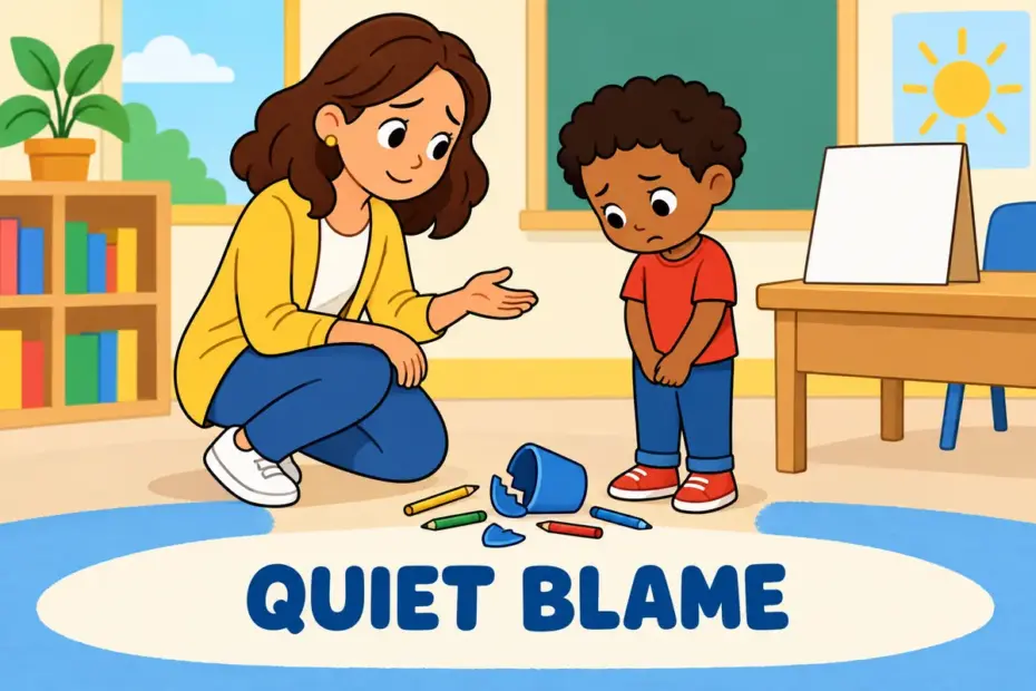 Cartoon teacher looking disappointed at a child, showing reproach in a sentence as quiet blame for a broken rule.