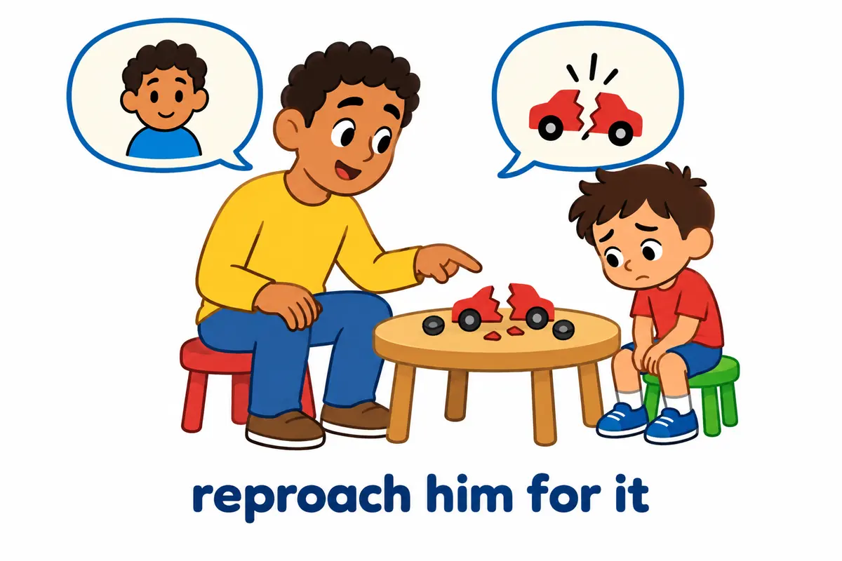 A cartoon adult speaks gently to a child while a speech bubble shows a small broken object, illustrating the reproach plus for pattern.